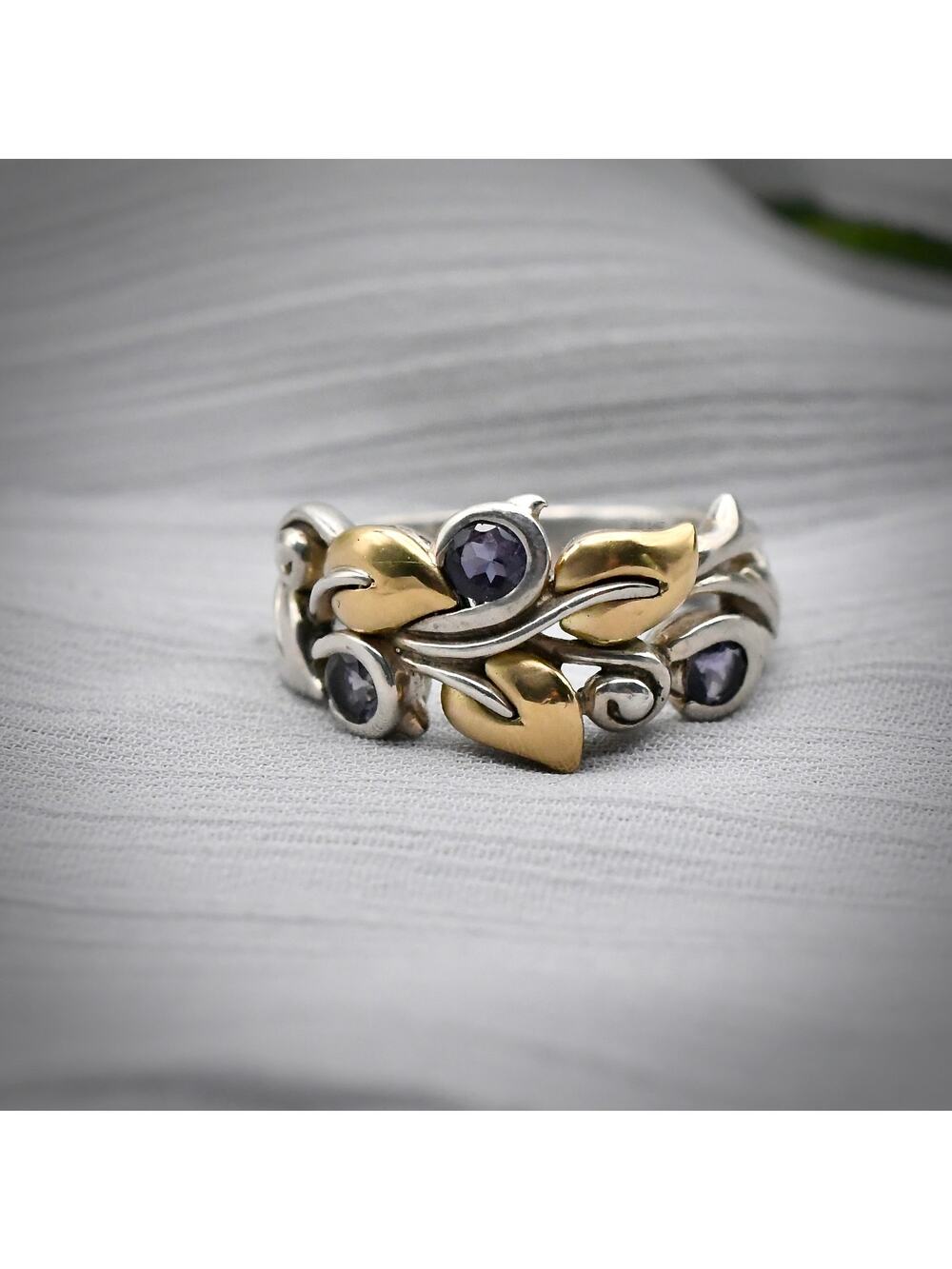 Barbara Bixby 18k Gold Sterling Silver Purple Tourmaline Vine Leaf Ring Size 8